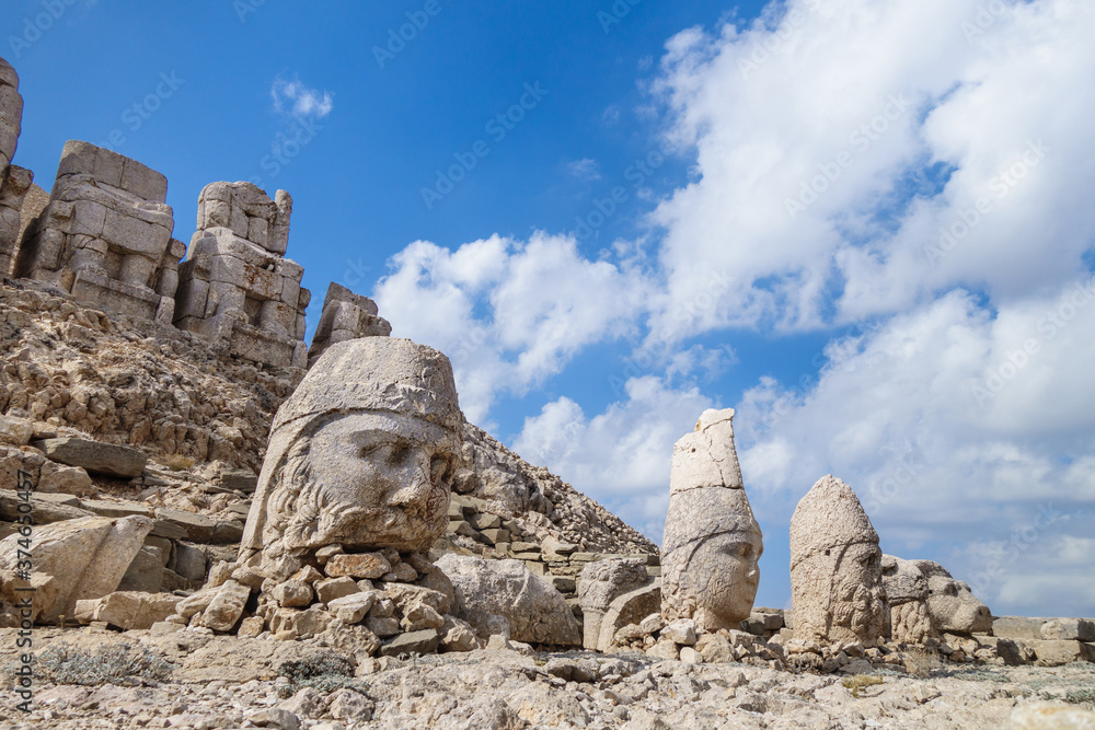 Famous headless statues of gods on mount Nemrut, Kahta, Turkey. Heads fell during earthquake