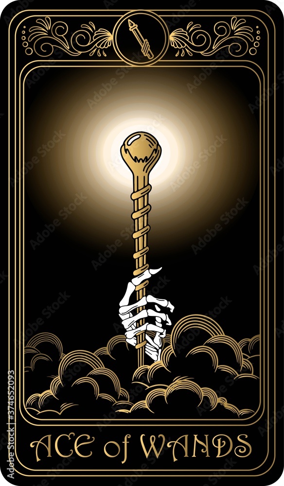 Ace of wands. Card of Minor arcana black and gold tarot cards. Tarot deck.  Vector hand drawn illustration with skulls, occult, mystical and esoteric  symbols. Stock-Vektorgrafik | Adobe Stock