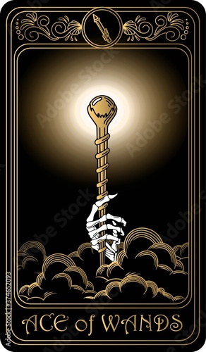 Ace of wands. Card of Minor arcana black and gold tarot cards. Tarot deck. Vector hand drawn illustration with skulls, occult, mystical and esoteric symbols.