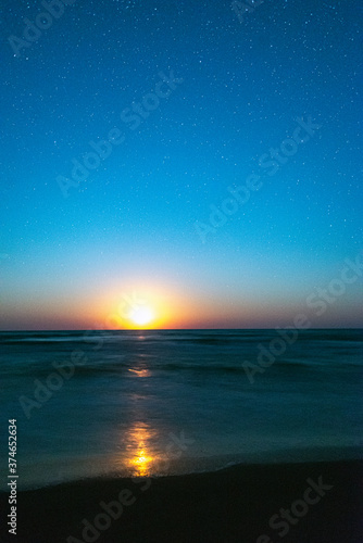 Moon, rise, night, moonrise, sea, sky, stars, blue, waves, light, water, galaxy
