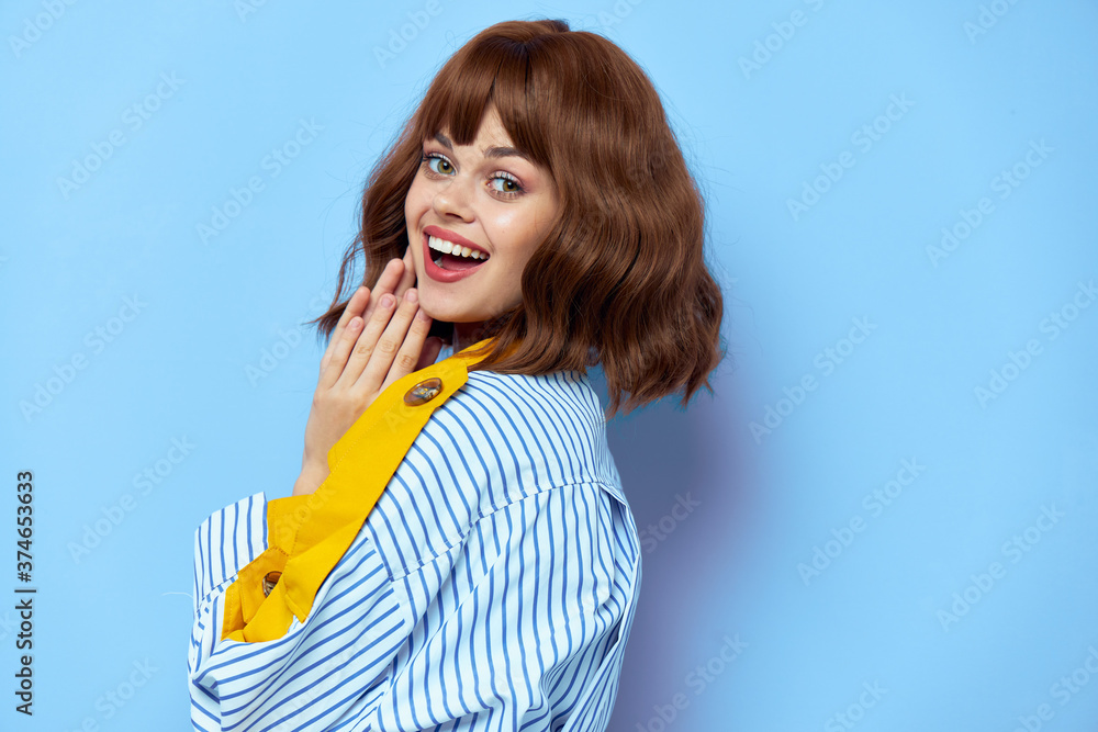 Fototapeta premium Elegant woman Hands near the face laughing emotions red lips 