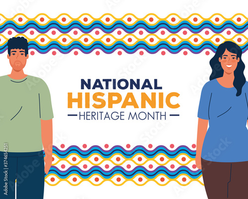 latin woman and man cartoons with colored shapes design, national hispanic heritage month and culture theme Vector illustration