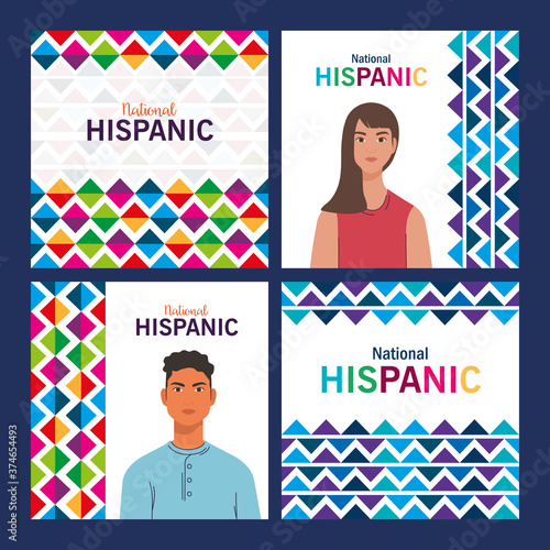 latin woman and man cartoons with colored shapes design, national hispanic heritage month and culture theme Vector illustration