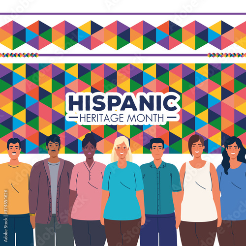 latin women and men cartoons with colored shapes design, national hispanic heritage month and culture theme Vector illustration