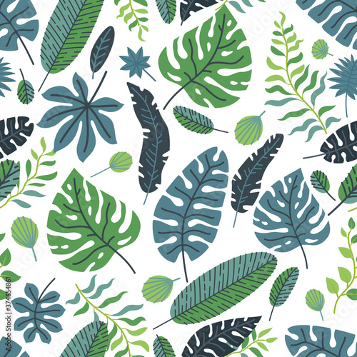 Tropical leaves vector pattern. Summer equatorial rainforest with foliage. Exotic jungle leaves floral background. Trend graphics. Green paradise.