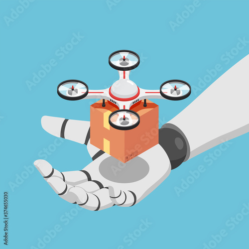 Isometric AI artificial intelligence robot hand holding quadcopter or drone with a package