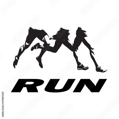 Running legs logo, abstract isolated vector silhouettes, group of running people. Side view