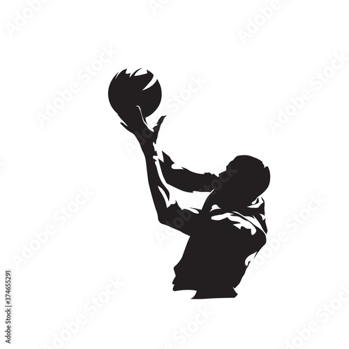 Basketball player shooting ball, isolated vector silhouette. Basketball logo