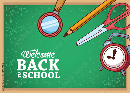 green board with lupe pencil scissor and clock of back to school vector design