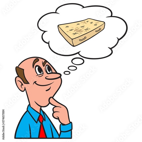 Thinking about a Dirty Mattress - A cartoon illustration of a man thinking about a Dirty Mattress.