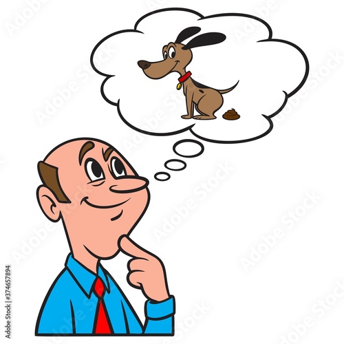 Thinking about Dog Poop - A cartoon illustration of a man thinking about Dog Poop.