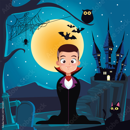 boy with halloween vampire costume in front house at night vector design
