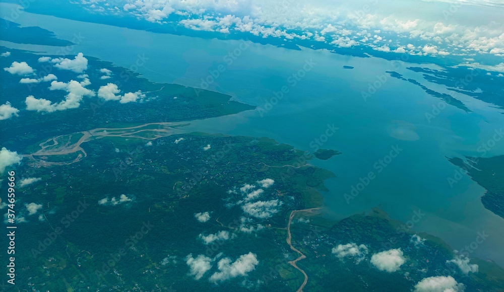 Fototapeta premium aerial view of the large river and land