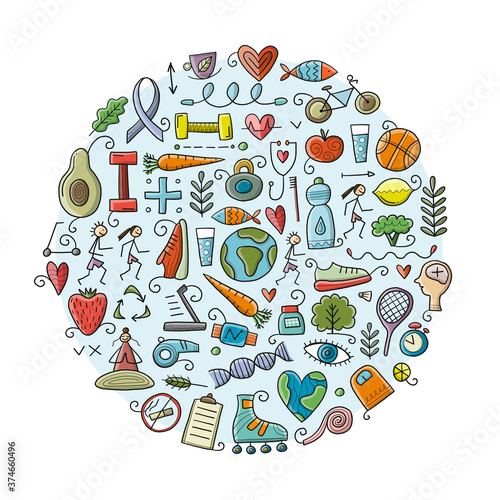 World health day. Concept art with healty lifestyle for your design