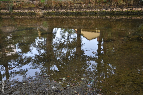 Calm mirroring river with trees reflected on water surface