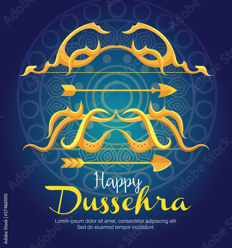 gold bows with arrows on blue with mandala background design, Happy dussehra festival and indian theme Vector illustration