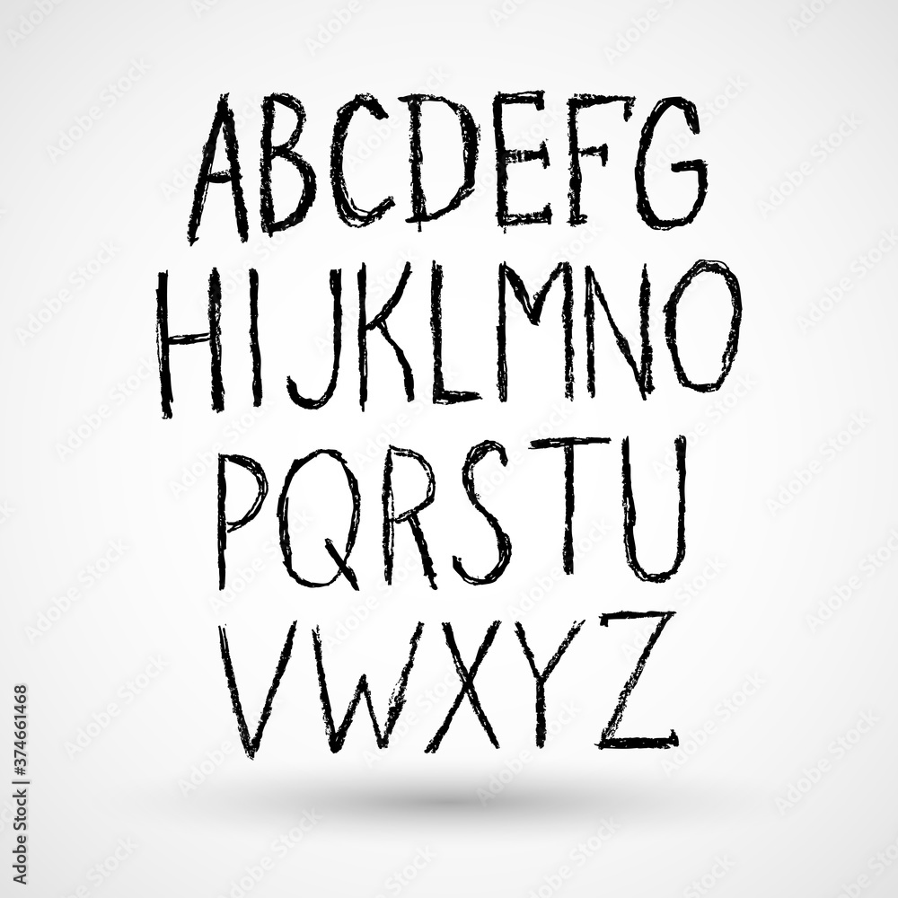 Hand drawn alphabet, black font, letters. Handwritten. Isolated on white background