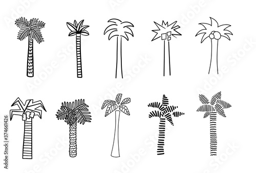 Set of monochrome palm tree illustrations. Isolated design elements for logo, label, emblem, sign, poster, card, banner. Vector image