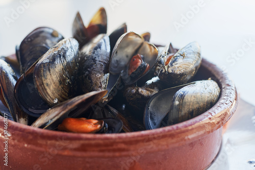 Cooked mussels in a restaurant