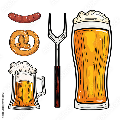 beer glasses fork pretzel and sausage design, Oktoberfest germany festival and celebration theme Vector illustration