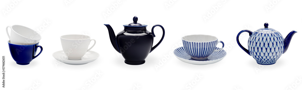 Tea set. A set of cups, saucers and teapots. Isolated white Background. Tea set. A set of cups, saucers and teapots. Isolated white Background.