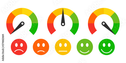 Speedometer rating set. Barometer icon symbol. Collection of colorful tachometer sign with arrow and scale of emotions. Customers indicators of satisfaction. Performance measurement symbols.