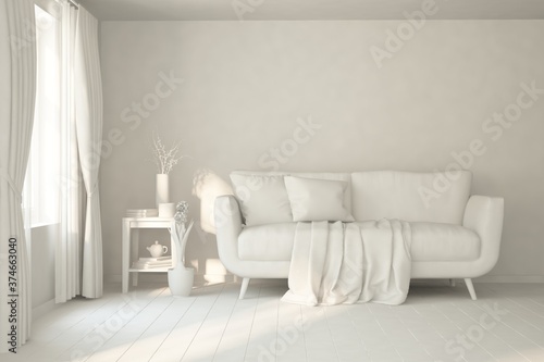 Stylish minimalist room with sofa in white color. Scandinavian interior design. 3D illustration