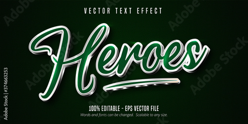 Heroes text  green color and shiny silver style editable text effect