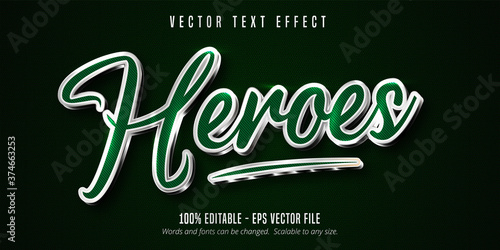 Heroes text, green color and shiny silver style editable text effect