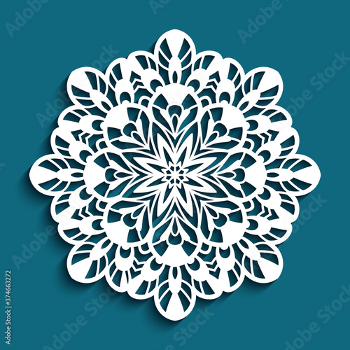Round lace doily, Christmas ornament, cutout paper snowflake, crochet mandala circle pattern, swirly template for laser cutting