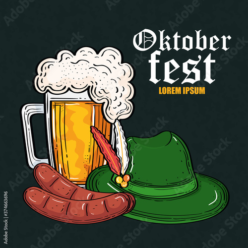 beer glass hat and sausages design, Oktoberfest germany festival and celebration theme Vector illustration