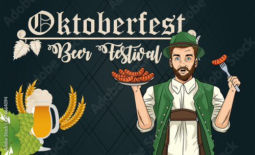 oktoberfest man cartoon with traditional cloth sausages and beer vector design