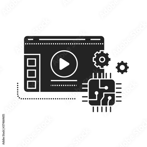 Technology blog web site black glyph icon. Overview technology and models gadgets and devices video streaming. Vlogging sign. Pictogram for web page, mobile app, promo. UI UX GUI design element