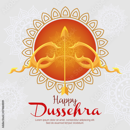 gold bow with arrow on orange mandala design, Happy dussehra festival and indian theme Vector illustration photo