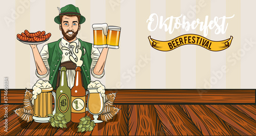 oktoberfest man cartoon with traditional cloth sausages beer glasses and bottles vector design