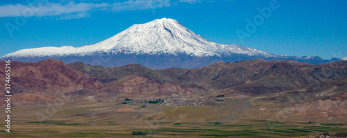 panoramic view of snow capped mount ararat mountain  against blue sky in turkey photo