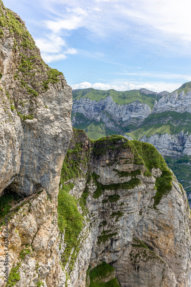 The steep ridge of the majestic Schaefler peak in the Alpstein mountain range in Appenzell, Switzerland