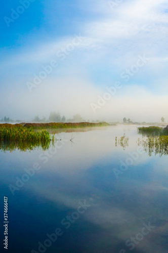 Beautiful morning sunrise over blue forest lake with reeds and reflection of clouds © Payllik
