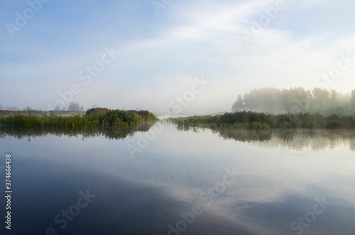 Beautiful morning sunrise over blue forest lake with reeds and reflection of clouds © Payllik