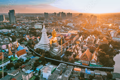 Aerial view of Wat Paknam Bhasicharoen, a temple, pagoda and Buddha statue in Bangkok Thailand photo