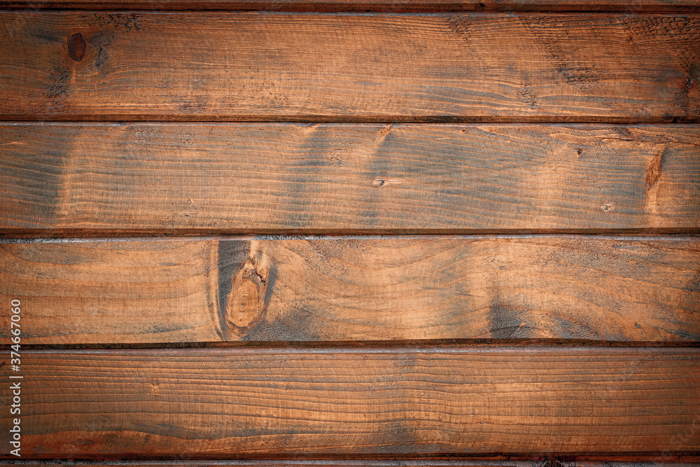 Naklejka premium Wood table texture. Timber plank surface wall for vintage grunge wallpaper. Dark grain panel board table with copy space. Old floor wooden pattern. Natural material backdrop.