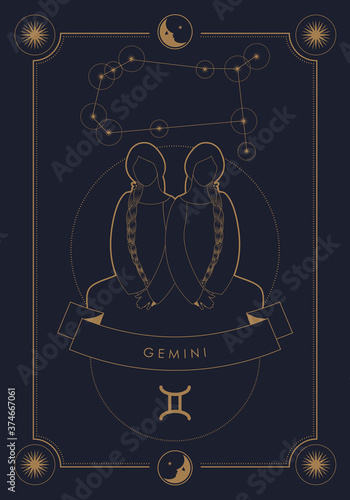 Astrological zodiac sign. Constellation and symbol. Poster illustration with moon and stars frame.