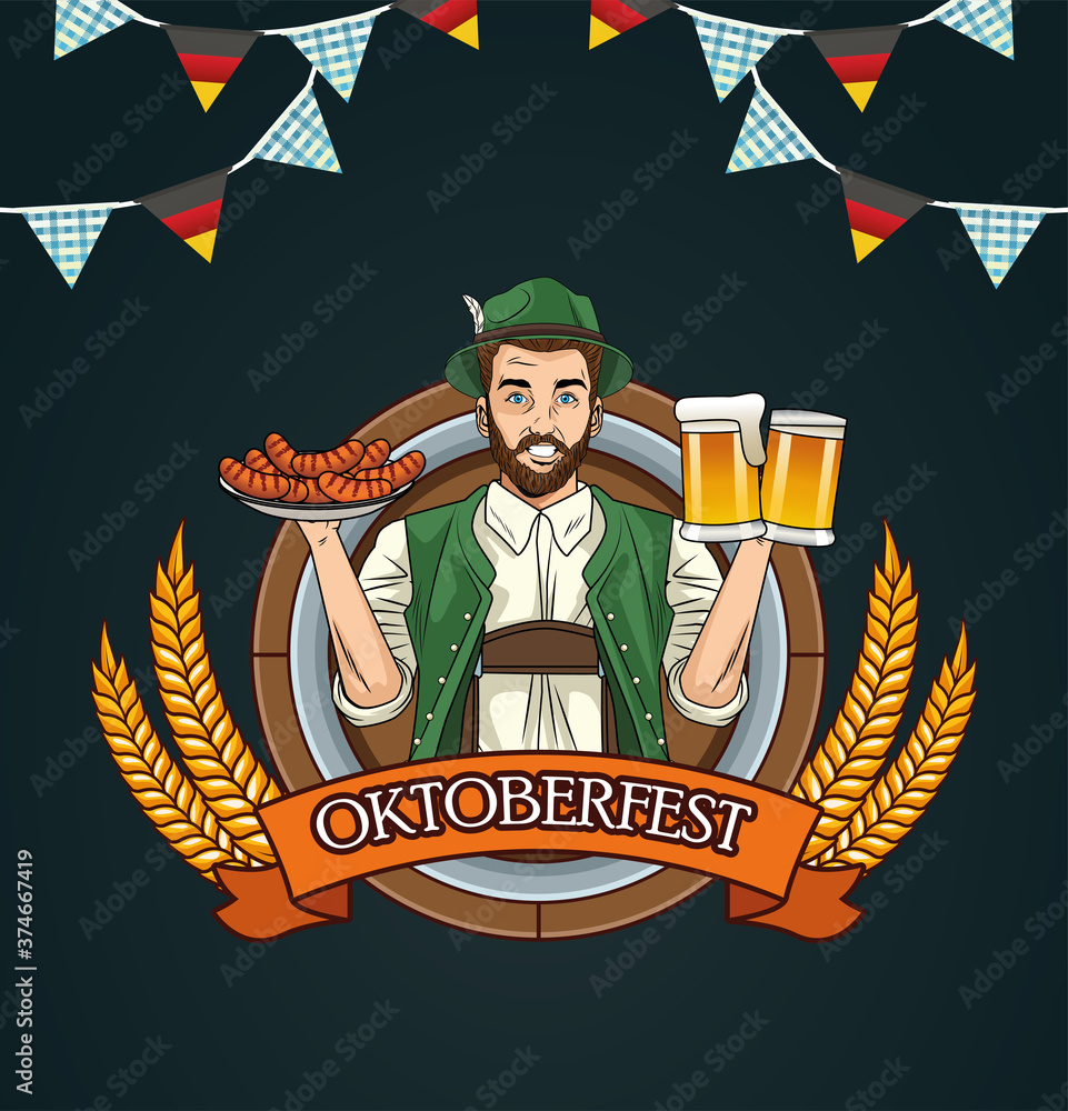 Φωτογραφία oktoberfest man cartoon with traditional cloth beer glasses and sausages vector