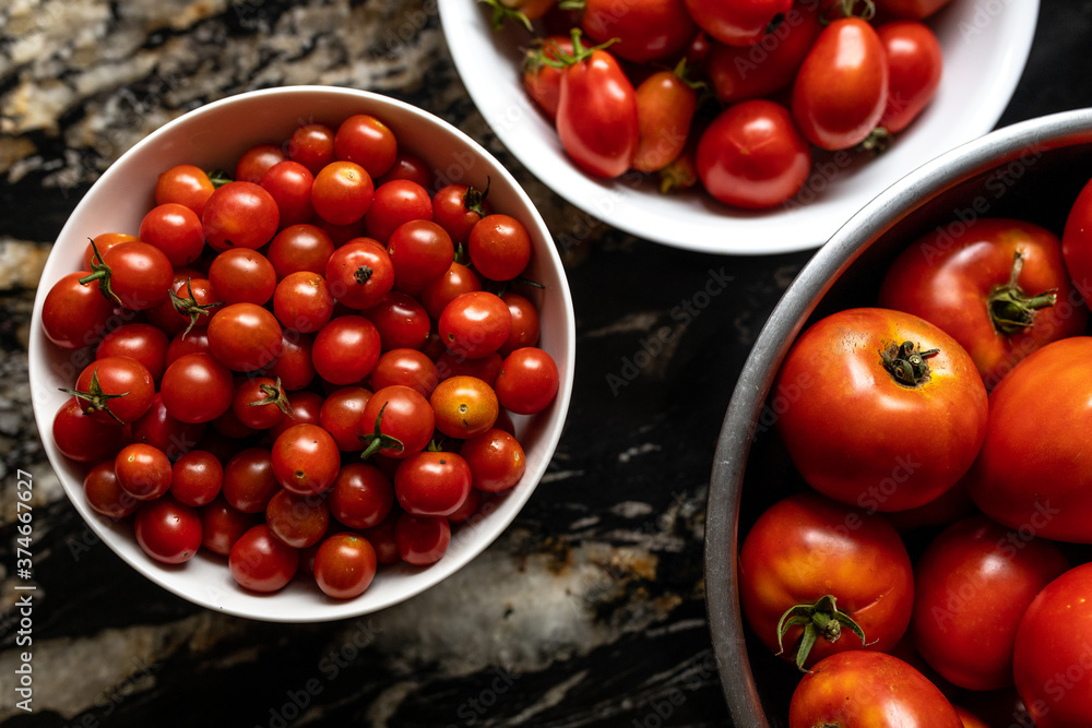 Freshly picked tomatoes from backyard garden.