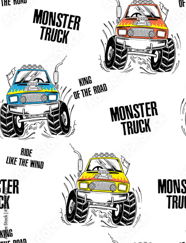 Vector Seamless pattern with monster cars  illustration and slogan text, for t-shirt prints and other uses.