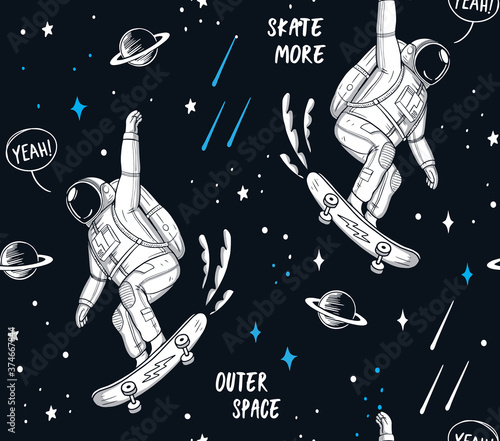 Astronaut skateboarding in space seamless pattern. Vector illustrations for t-shirt prints, posters and other uses.