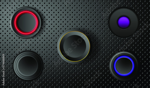 Set of round colored buttons for game, website, app or infographics. Black perforated metal background and round buttons of different design. Vector EPS10