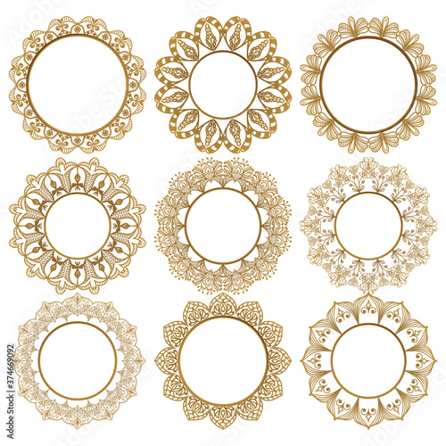 Collection of luxurious round golden frames on a white background. Framing for photos, paintings and mirrors. Decorative decoration for books, cards, invitations. Vector.