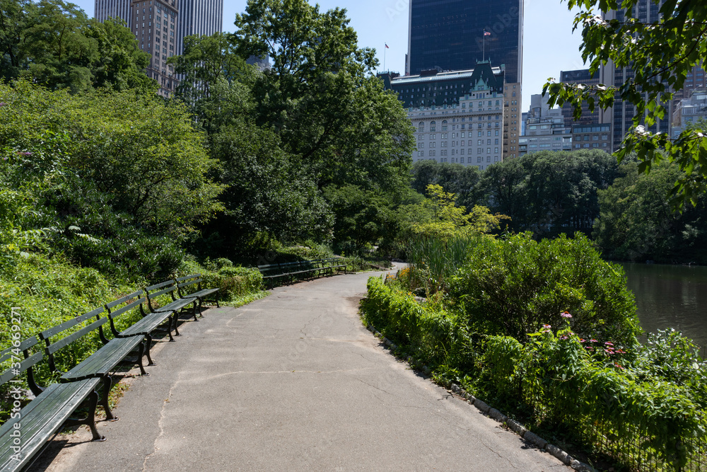 Empty Path along the Pond at Central Park during Summer in New York City with a view of Skyscrapers