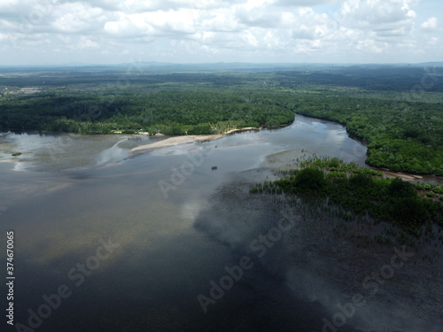 Aerial view of the estuary of teluk lombok beach, East Kalimantan, Indonesia at low tide. 